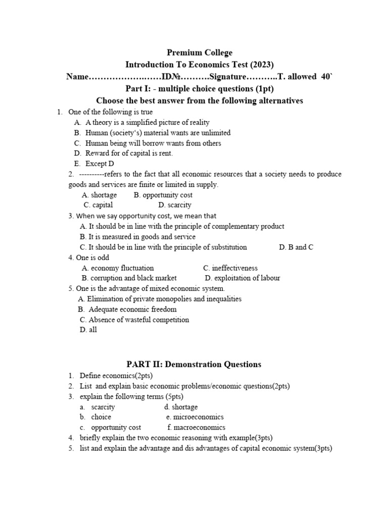 Introduction To Economics Test 1 PDF