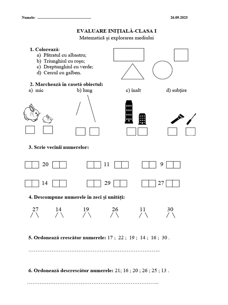 1 Evaluare Initiala Clasa I MATE | PDF