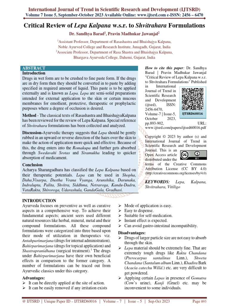 Critical Review of Lepa Kalpana W.S.R. To Shvitrahara Formulations ...