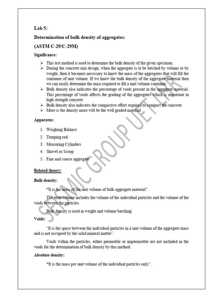 Bulk Density of Aggregates Lab Report | PDF | Density | Concrete