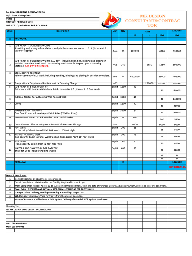 Quotation for RCC Building Works | PDF