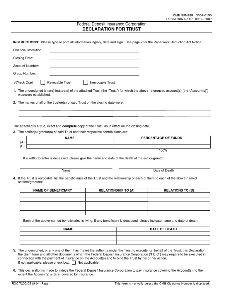 Declaration For Trust: Federal Deposit Insurance Corporation | PDF ...