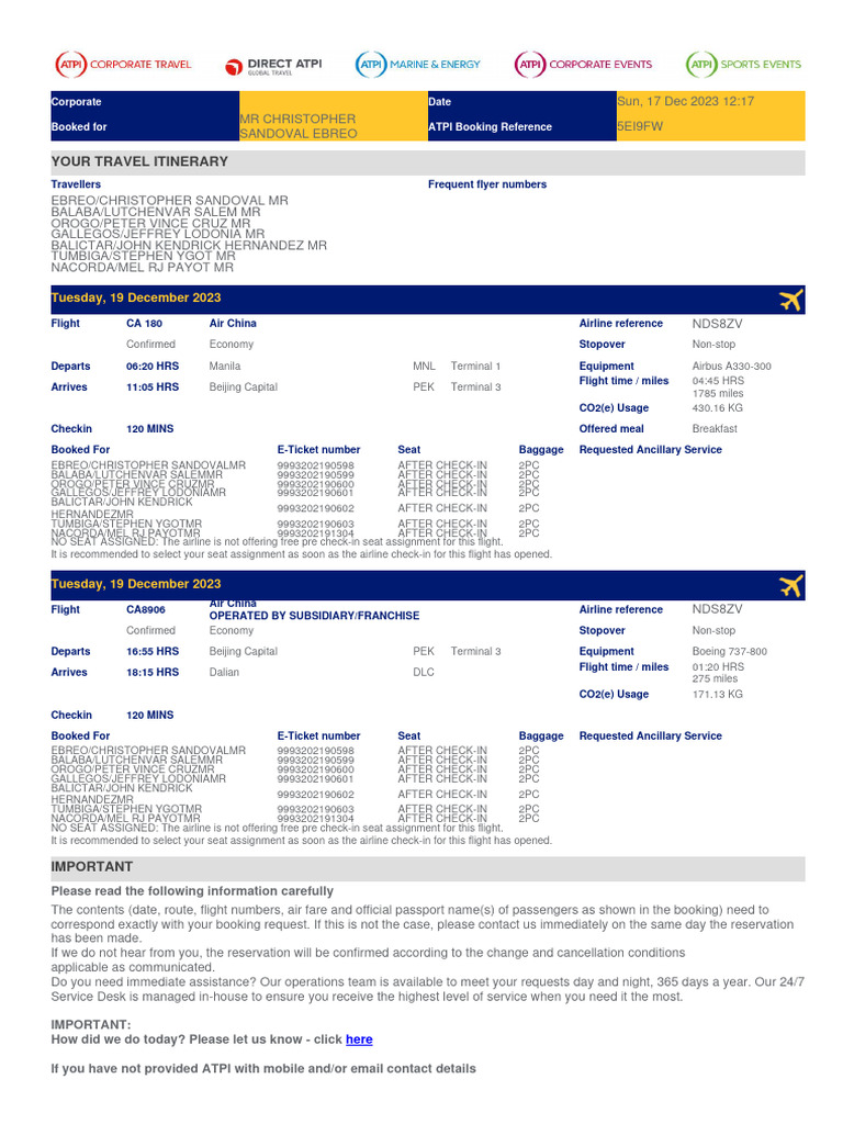 ATPI Travel Itinerary for Seafarers | PDF