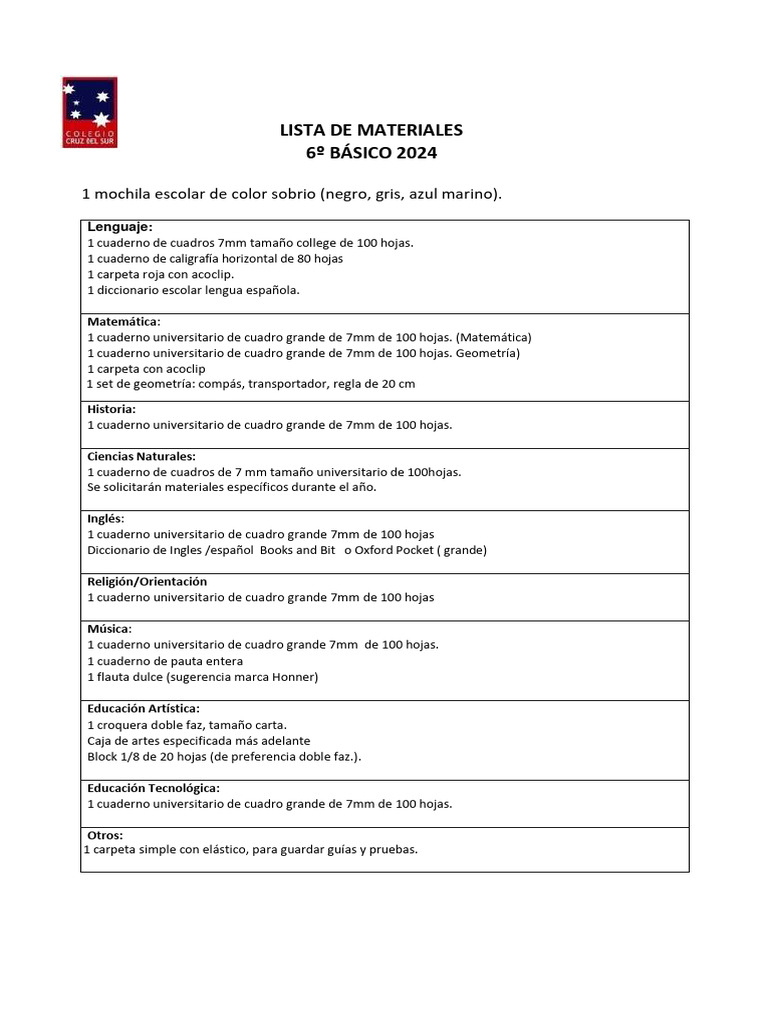 Lista de Materiales 6º Básico 2024 | PDF