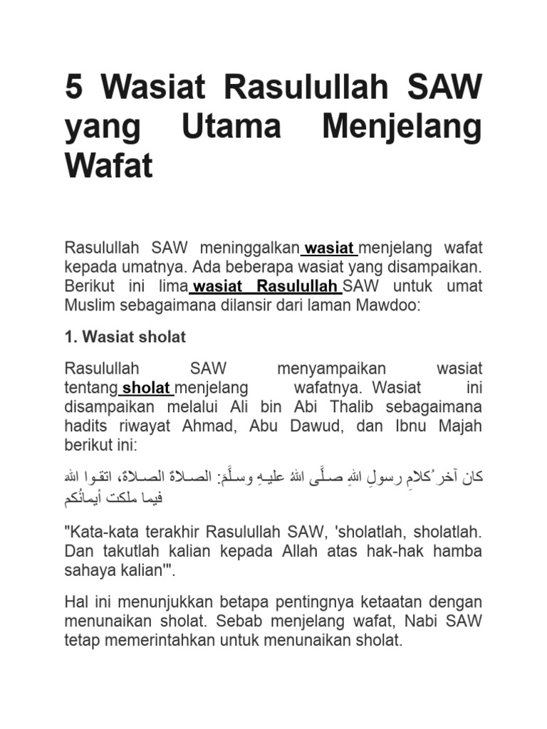 5 Wasiat Utama Rasulullah Sebelum Wafat | PDF