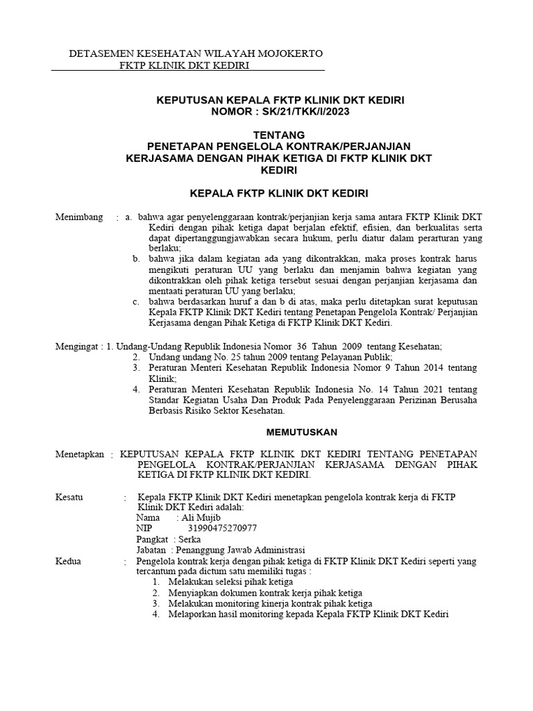 Penetapan Pengelola Kontrak FKTP DKT Kediri | PDF