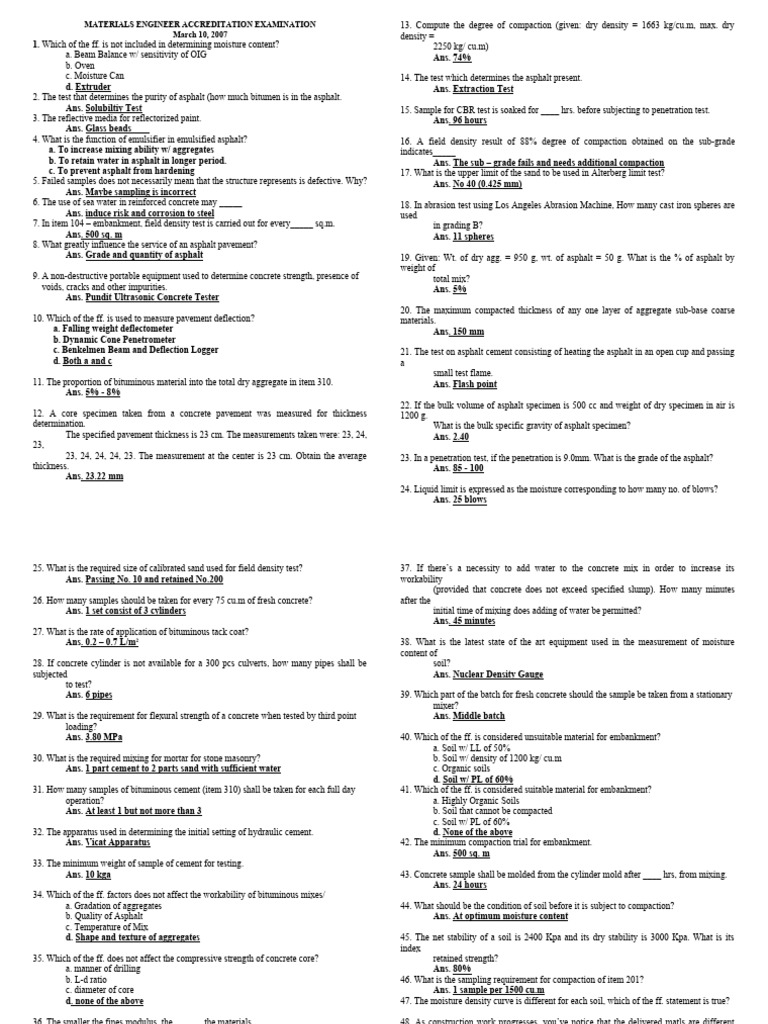 Materials Exam March 10 2007 | PDF | Concrete | Road Surface