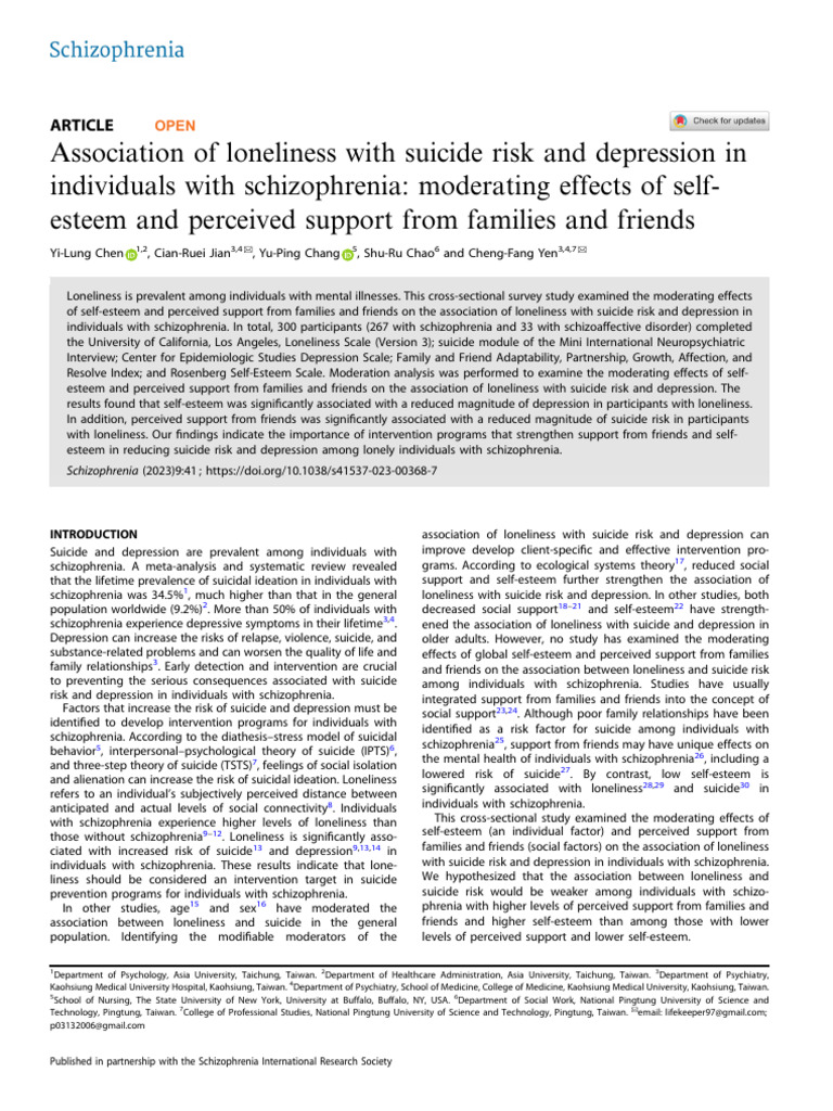 Loneliness, Suicide Risk, and Support in Schizophrenia | PDF | Major ...