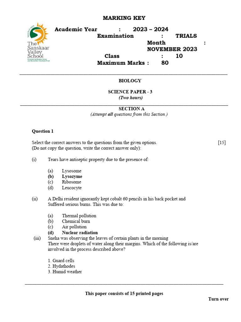 Marking Key Bio 10 202324 Trials PDF Urination Artery