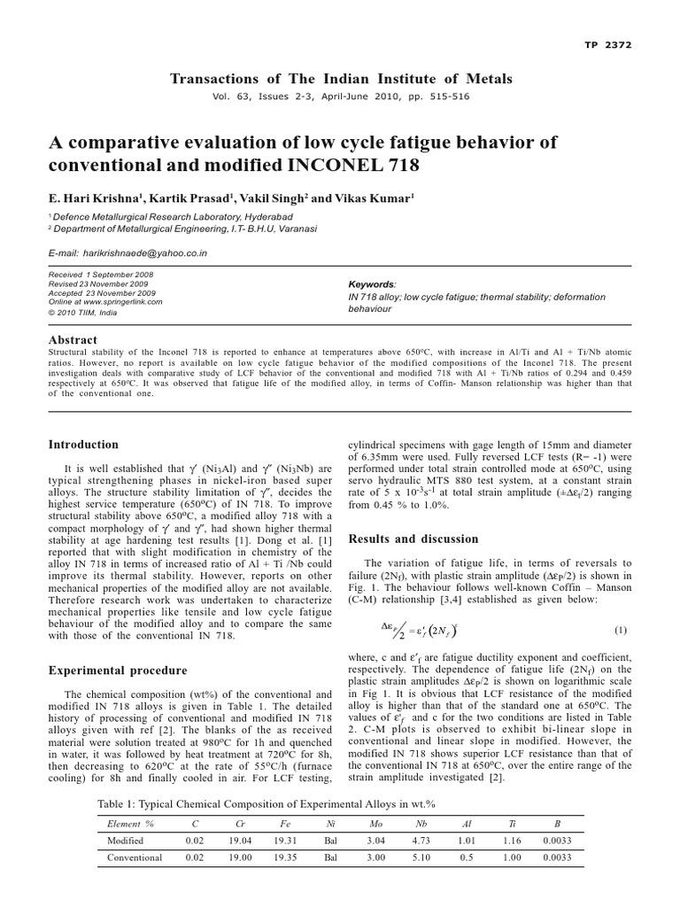 Low Cycle Fatigue of Modified Inconel 718 | PDF | Fatigue (Material ...