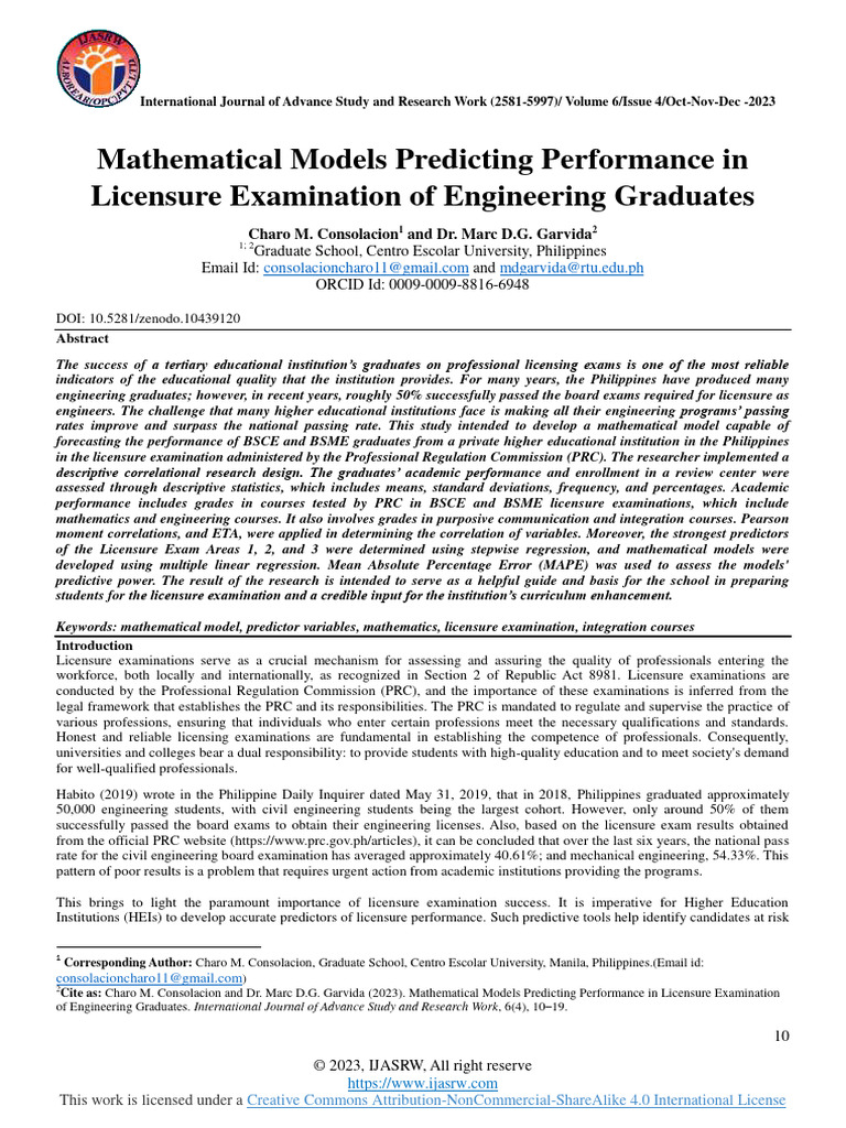 Mathematical Models Predicting Performance Inlicensure Examination of ...