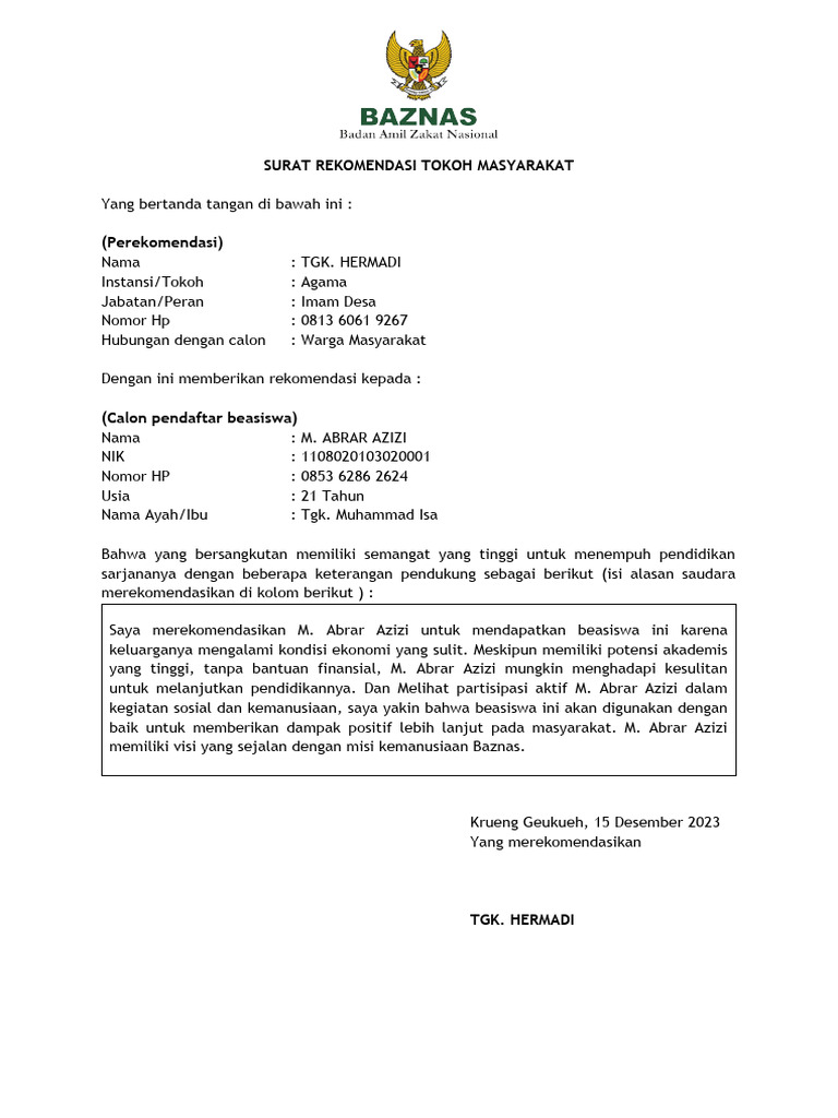 Surat Rekomendasi Tokoh Masyarakat | PDF