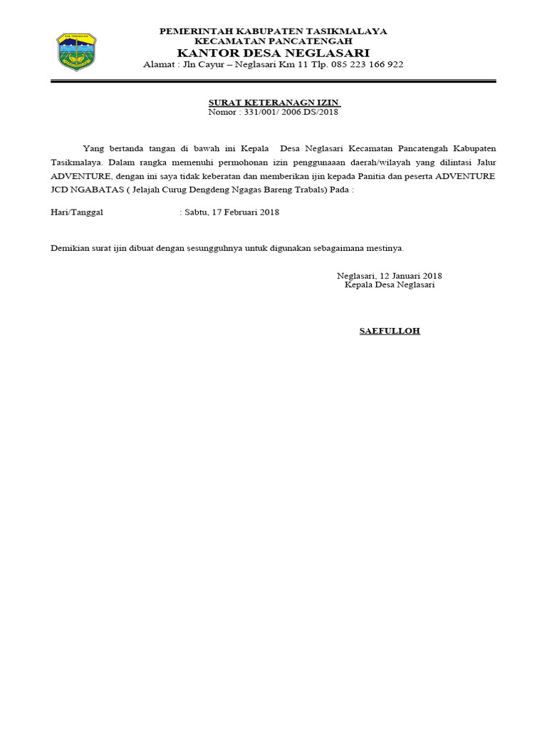 Surat Keterangan Izin Adventure | PDF