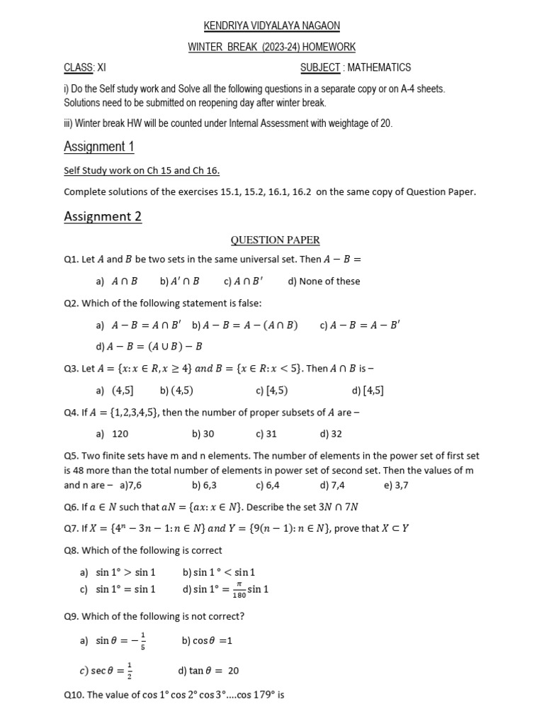 KV Nagaon Class XI Math Winter Homework | PDF | Mathematics | Science