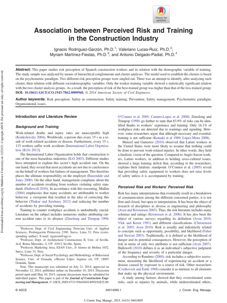 Association Between Perceived Risk and Training in The Construction ...