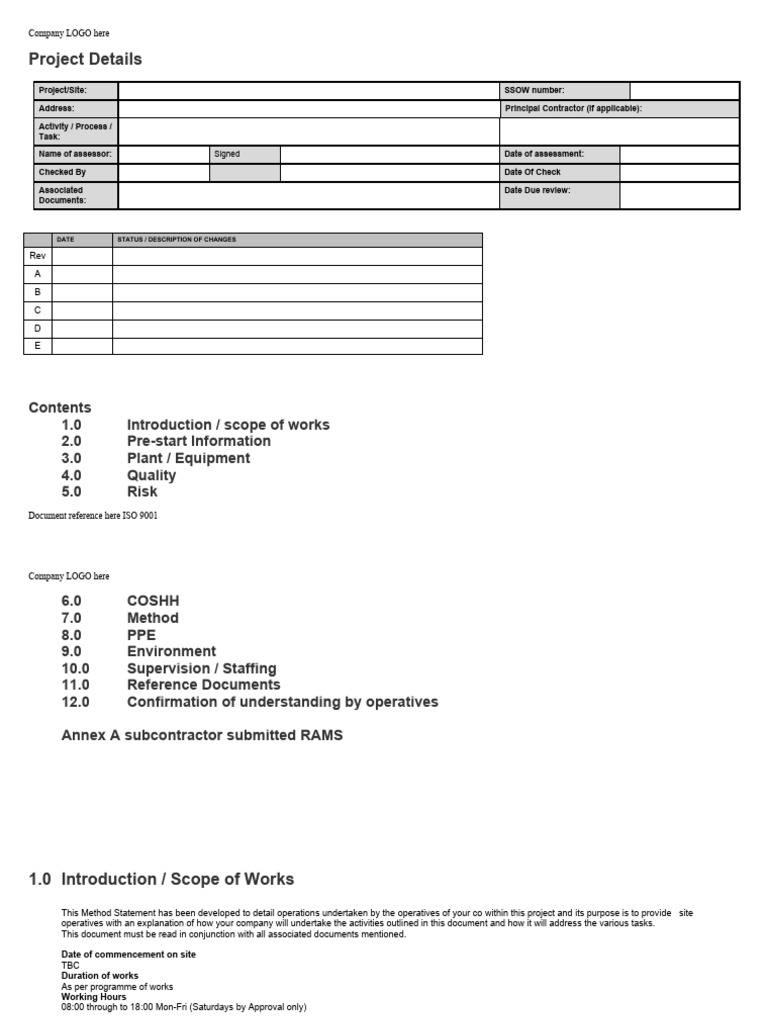 Safe System of Work Template for Construction | PDF | Hazards | Risk
