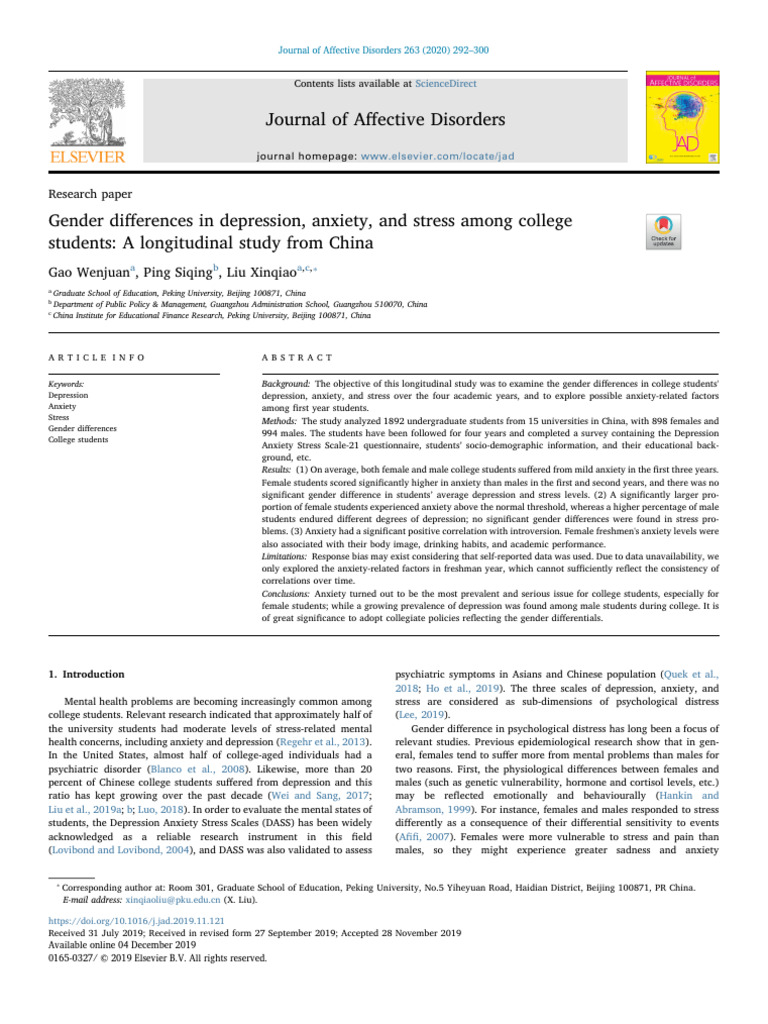 Gender Differences in Depression, Anxiety, and Stress Among College ...