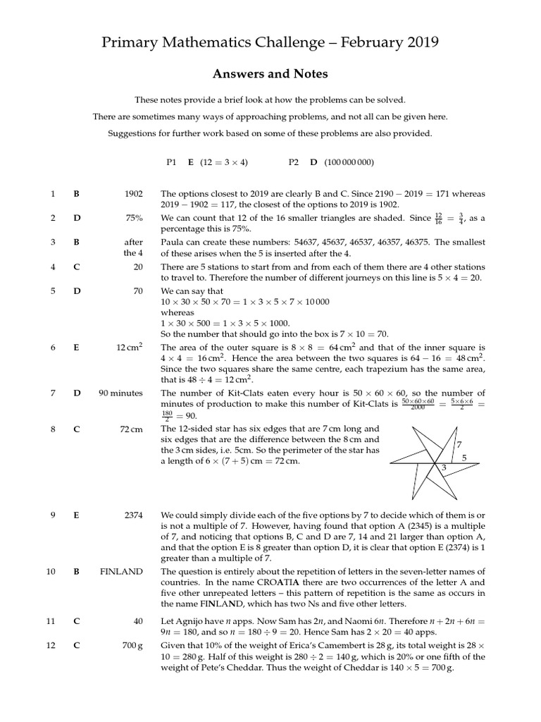 Primary Math Challenge Solutions 2019 | PDF | Area | Rectangle
