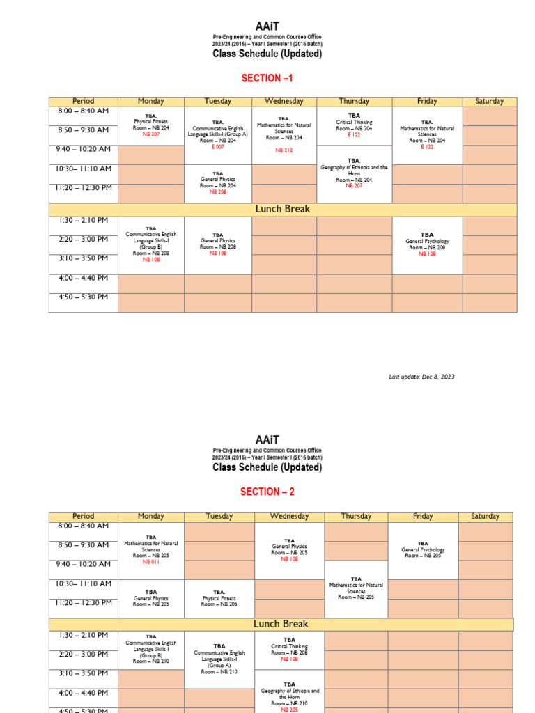 AAiT 2023/24 Year I Class Schedule | PDF | Academic Term | Science