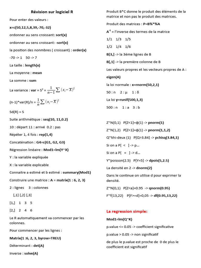 Révision des fonctions du logiciel R | PDF | Théorie statistique ...
