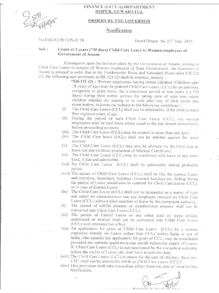 Child Care Leave For Women Employee Notification | PDF