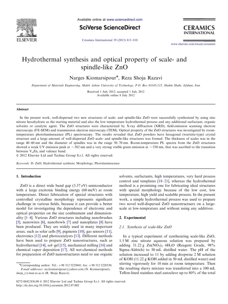 Hydrothermal Synthesis of ZnO Nanostructures | PDF | Science ...