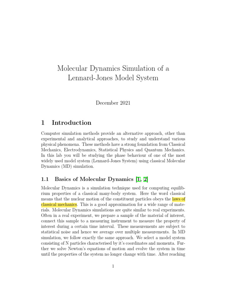 Molecular Dynamics Simulation of A Lennard Jones Model System | PDF