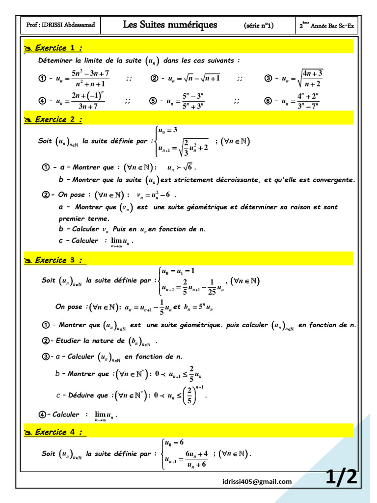 Exercices sur les suites numériques 2 Bac | PDF | Mathématiques ...