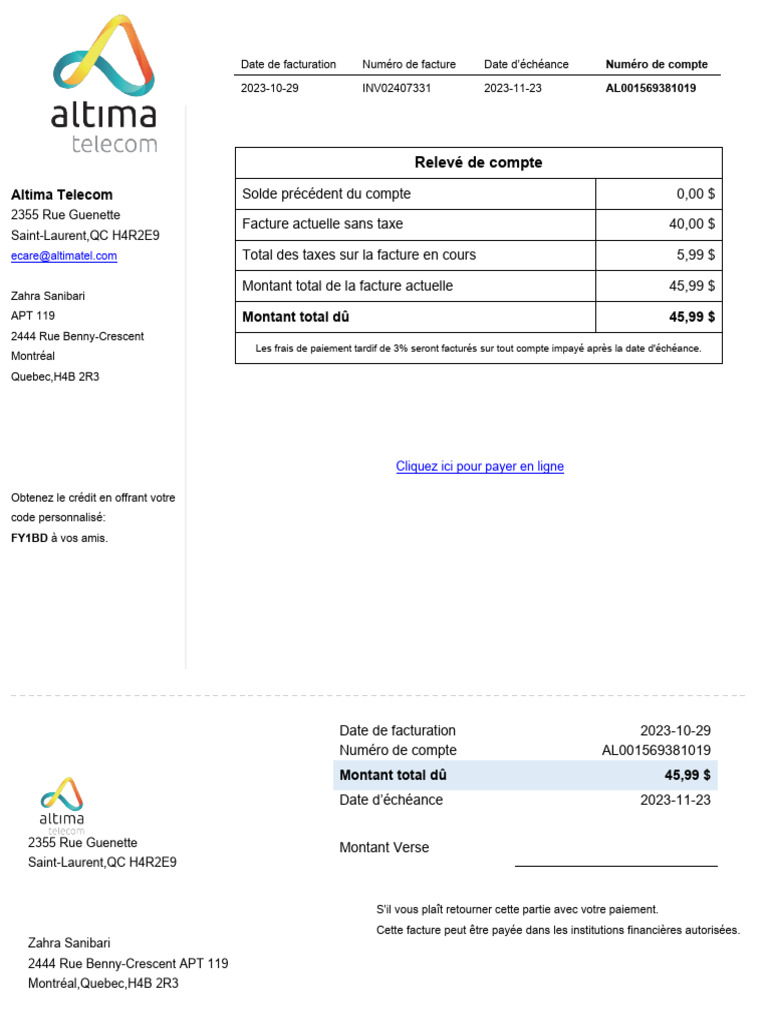 Facture Altima Telecom du 29/10/2023 | PDF | Facture | Télécommunications
