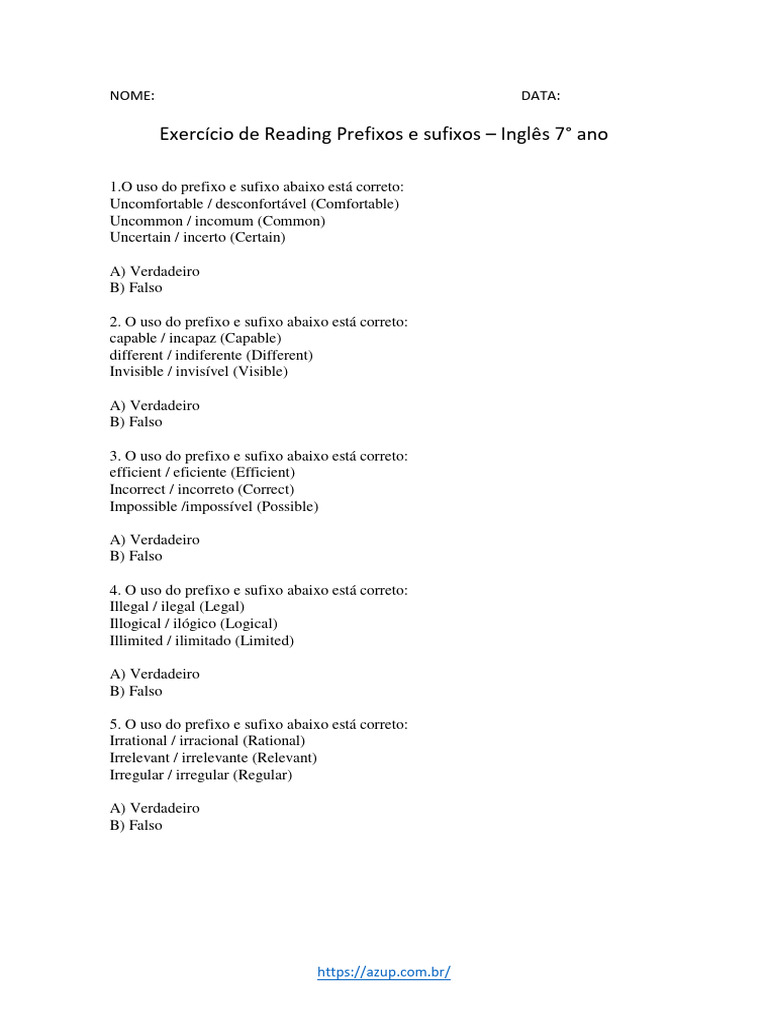 Exercício de Reading Prefixos e Sufixos - Inglês 7° Ano | PDF