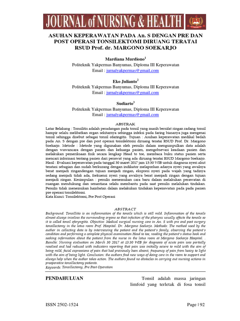 Asuhan Keperawatan Tonsilektomi Pdf Pengembangan Diri Sains