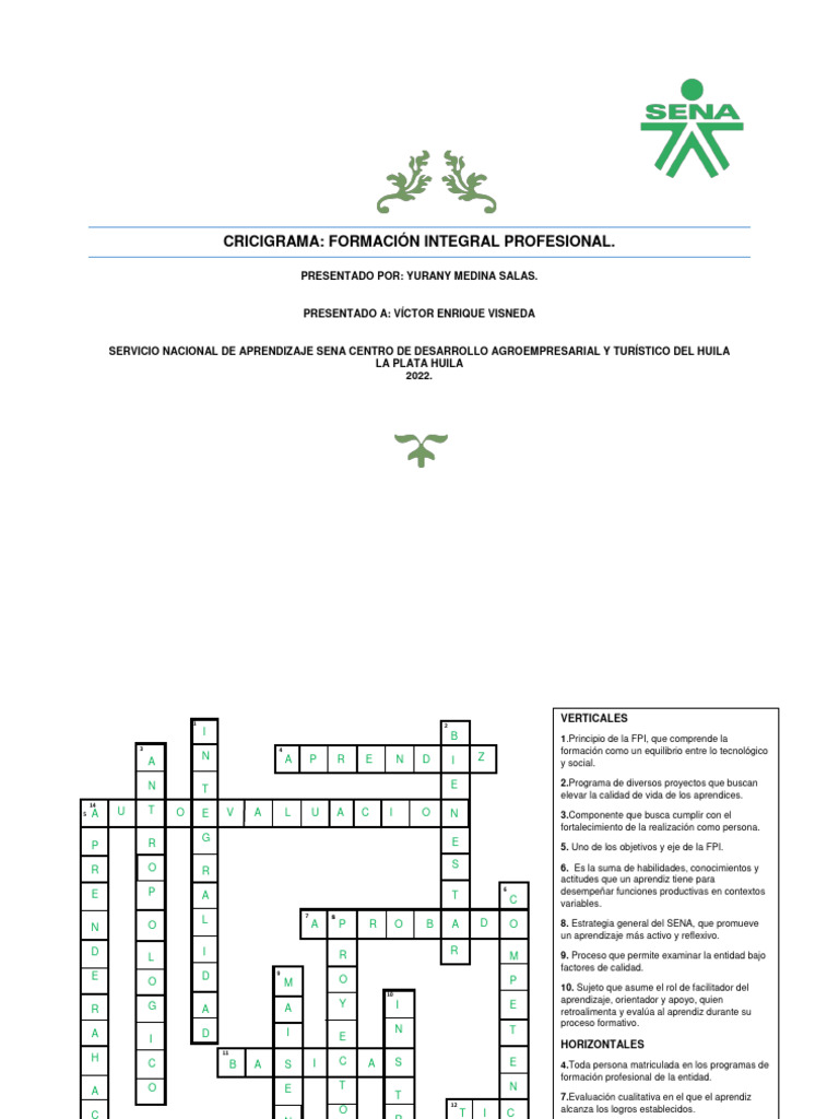 Crucigrama sobre Formación Profesional SENA | PDF | Aprendizaje ...