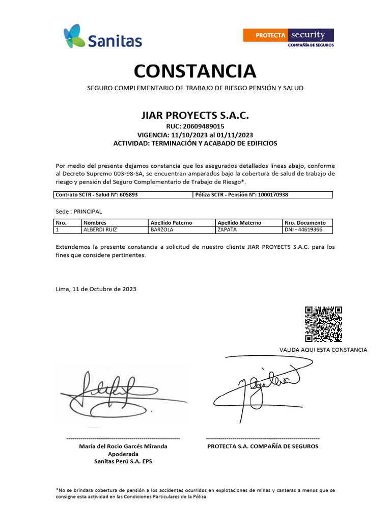 Cobertura SCTR para JIAR PROYECTS S.A.C. | PDF