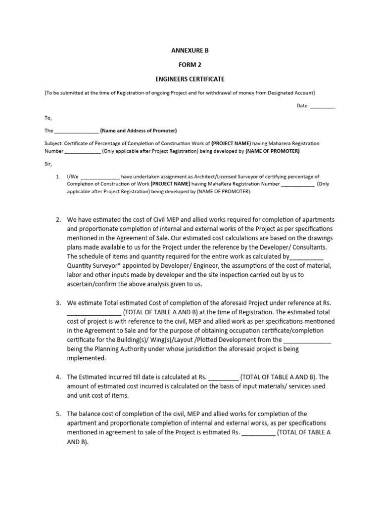 FORM 2 (Engineer Certificate) PDF Cost Engineer