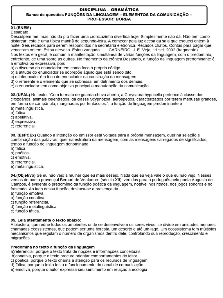 Funções da Linguagem em Questões do ENEM | PDF | Poesia | Comunicação