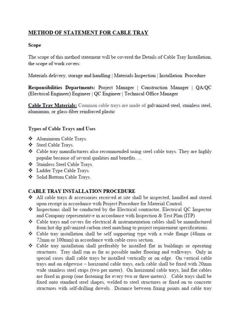 Cable Tray Installation Method Statement | PDF | Technology & Engineering