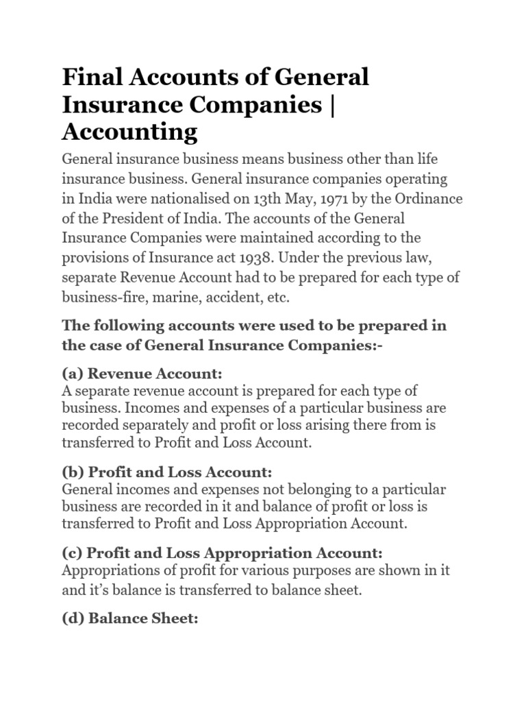 Final Accounts of General Insurance Companies | PDF