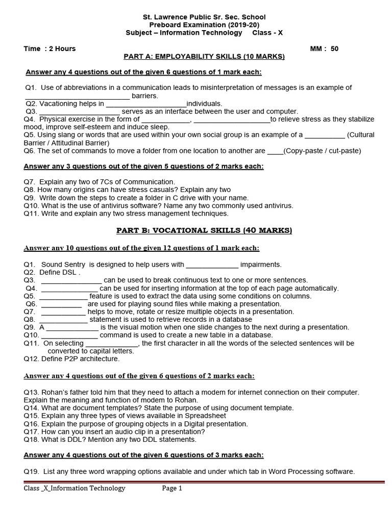 Class X Information Technology Preboard Exam | PDF | Spreadsheet ...