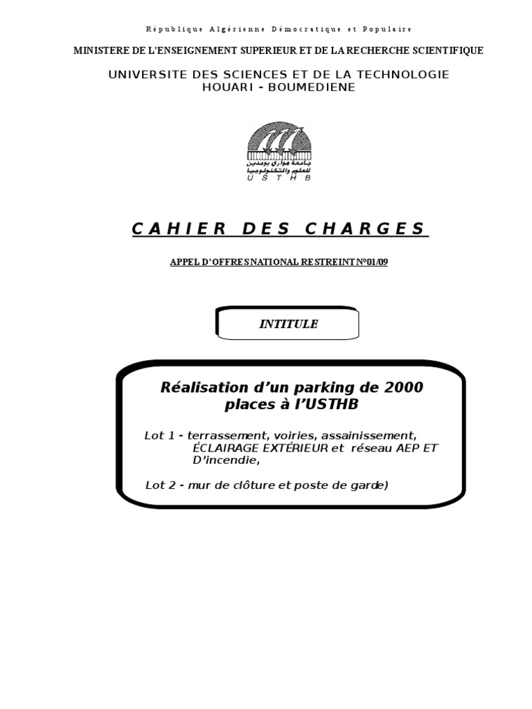 Page De Garde Cahier Des Charges Exemples Cahier Des Charges 2009 USTHB | PDF | Appel d'offres | Droit statutaire
