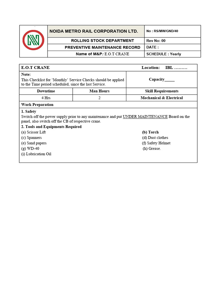 EOT Crane Preventive Maintenance Checklist | PDF | Crane (Machine) | Switch