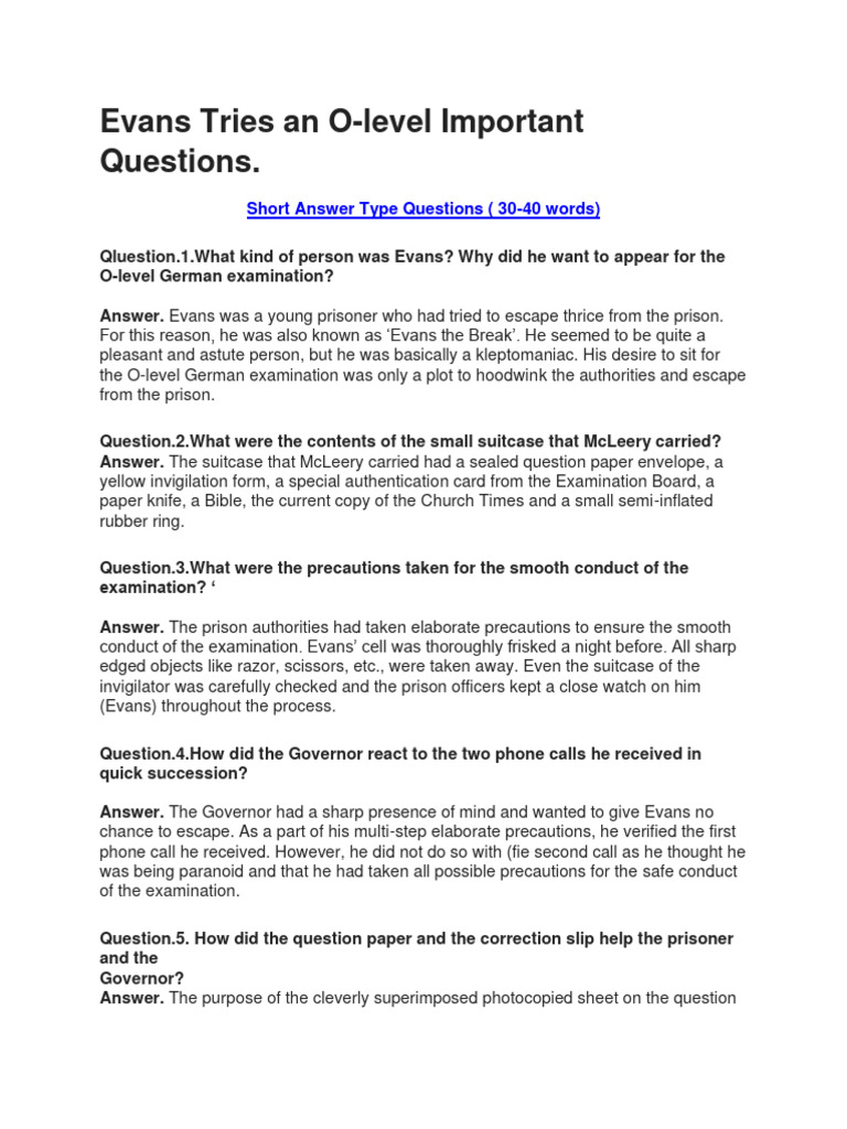 Evans Tries An OLevel Short Answer Type Questions PDF Prison