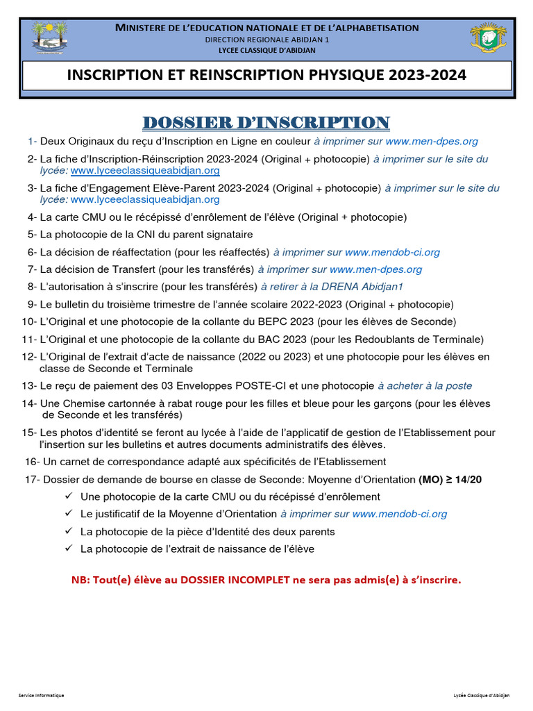 Inscription et Réinscription 2023-2024 | PDF