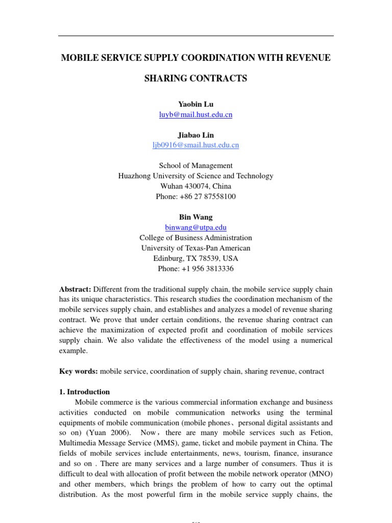 XXXX Lu Lin Mobile Service Supply Coordination With Revenue Sharing