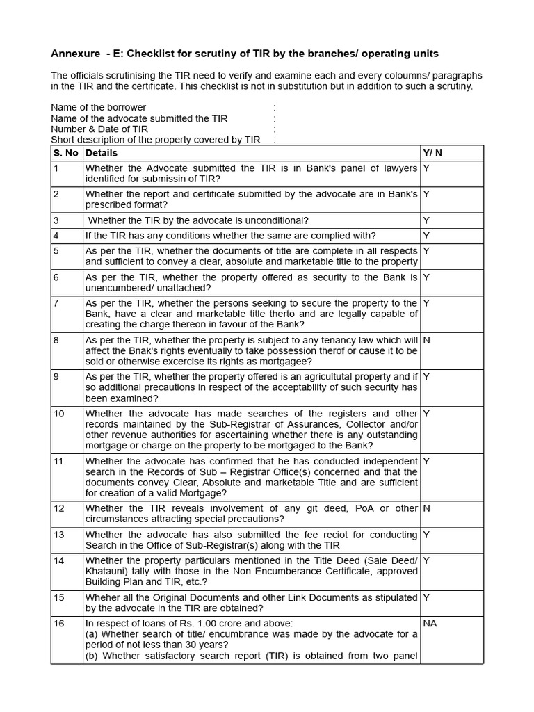 TIR Scrutiny Checklist for Banks | PDF