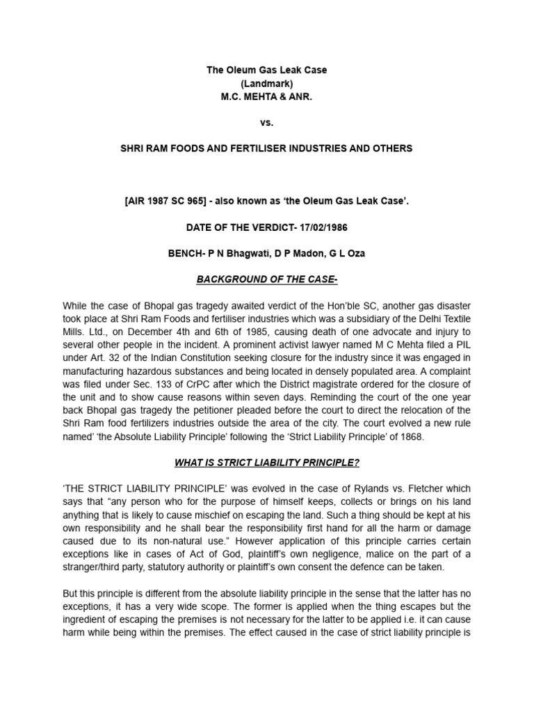 Oleum Gas Leak Case PDF Damages Legal Liability