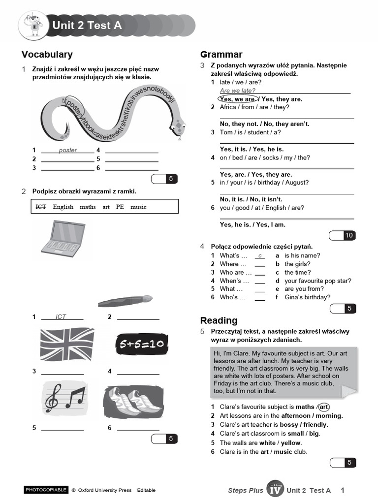 Unit 2 Test A: Vocabulary Grammar | PDF