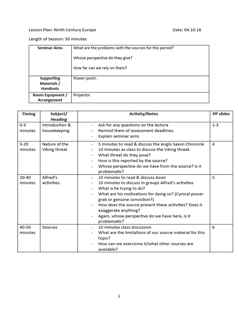 Lesson Plan Week 2 Ninth Century Europe | PDF | Anglo Saxons
