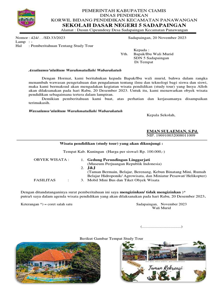 Surat Pemberitahuan Study Tour (Wisata Pendidikan) | PDF