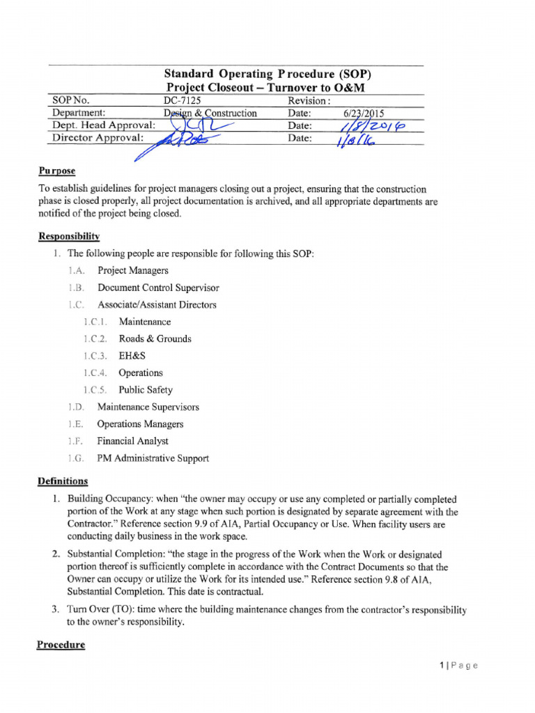 Closeout sop turnover interactive pdf elevator
