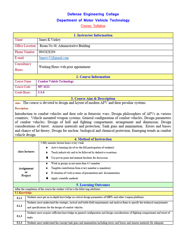 Combat Vehicle Technology Course Syllabus | PDF | Tanks | Gun Turret